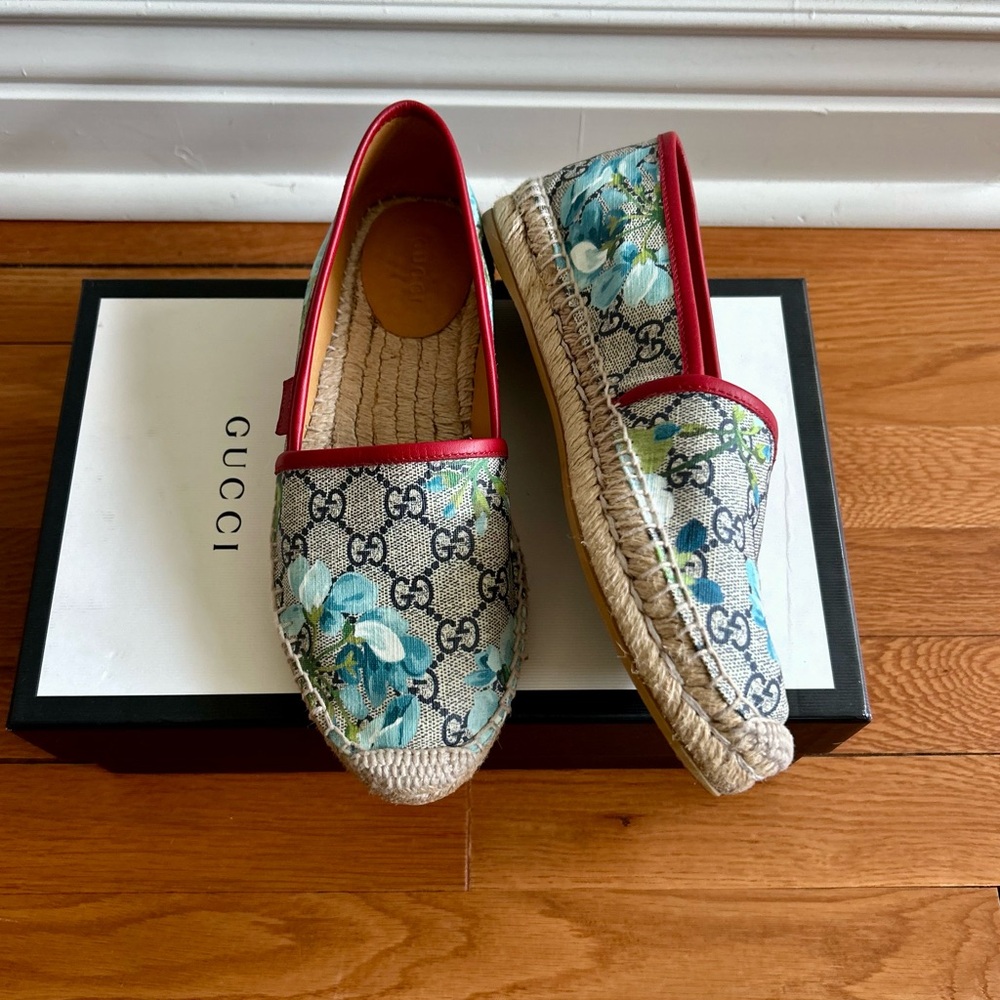 Gucci Blooms Supreme blue floral  Espadrilles red leather trim - Picture 3 of 12
